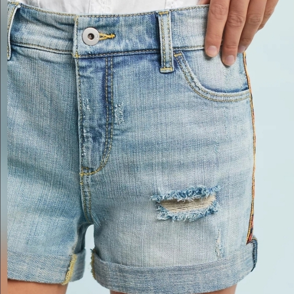 Pilcro Boyfriend Jean Short  Distressed Denim Ribbon Trim Anthropologie sz 26 - Picture 6 of 16